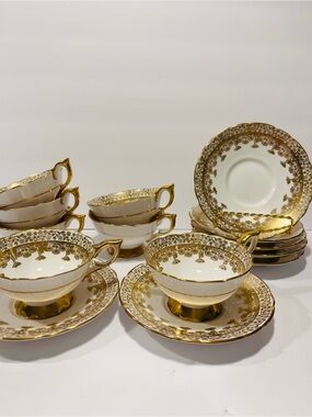 Very Rare Royal Stafford Gold Regent Filigree Tea Cups & Saucers Set of 7